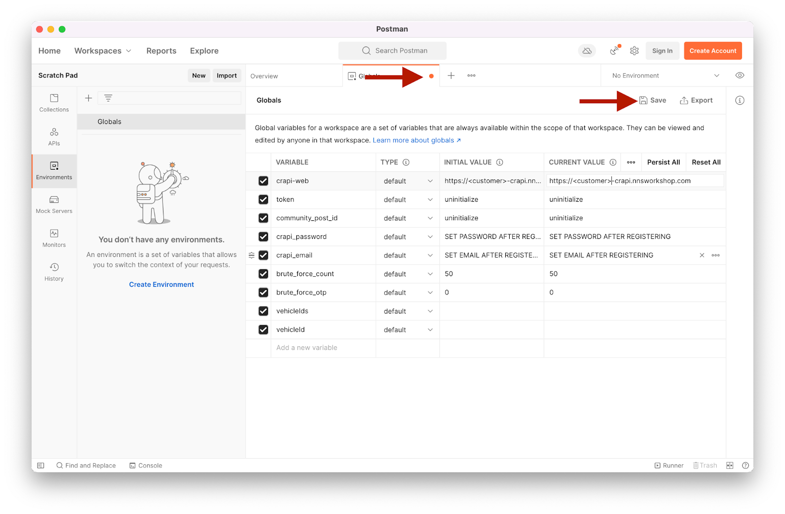 Screenshot of postman save changes button
